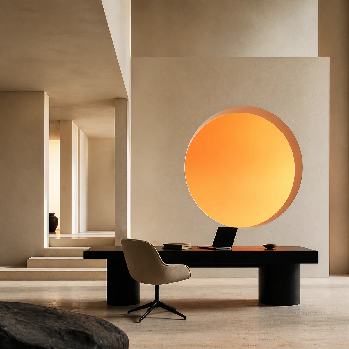 Minimalistischer Workspace mit warm leuchtender orangefarbener Öffnung